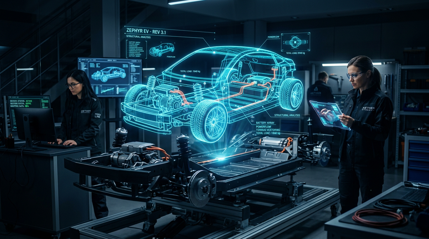 Engineering laboratory with holographic chassis schematics